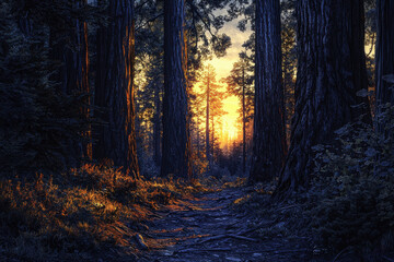 Obraz premium Dusk falls over a redwood forest, illuminating towering trees with warm twilight tones and casting long shadows on the forest floor