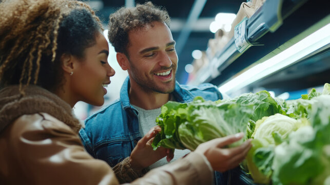 Couple exploring fresh produce in grocery store for healthy living inspiration