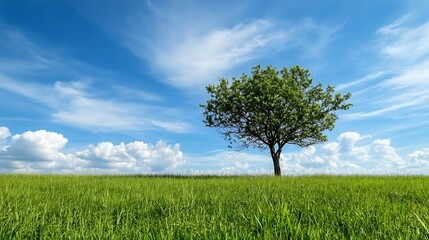 Obraz premium Lone Tree in Vast Green Field Under Clear Blue Sky with Fluffy Clouds : Generative AI