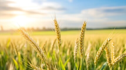 Fototapeta premium Golden Wheat Field Bathed in Warm Sunset Light Symbolizing Abundance and Harvest Season : Generative AI
