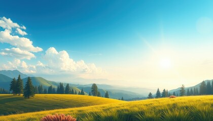 Obraz premium Sunny Mountain Meadow Landscape With Rolling Hills And Trees