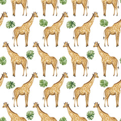 Obraz premium Giraffe seamless pattern. Watercolor giraffe digital paper, African background, tropical zoo, savannah wild animal illustration. Safari wallpaper, kids fabric, textile, clothing repeating motif 