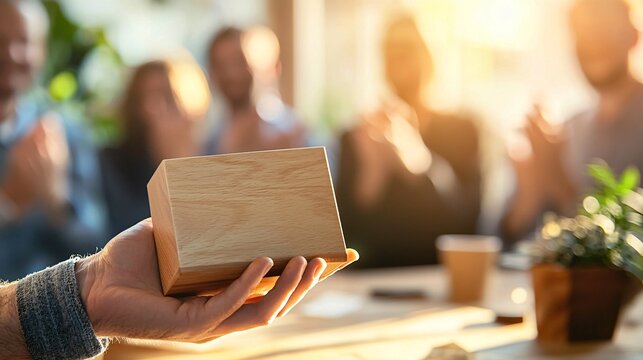 Community Manager Appreciation Day Concept. Hand Holding Wooden Box in Office Celebration Moment
