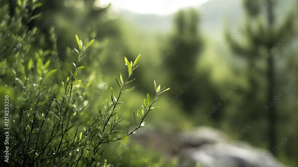 Aufkleber serene forest morning greenery with dew drops and sunlight : generative ai