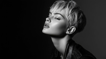 Elegant model with textured pixie cut in monochrome