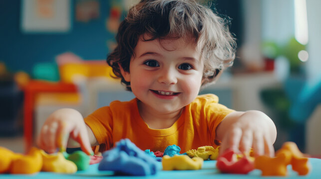 Creative playtime: child enjoying colorful clay craft activities for fun and learning - Powered by Adobe