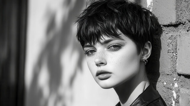 Edgy pixie cut model with textured hair for modern fashion inspiration