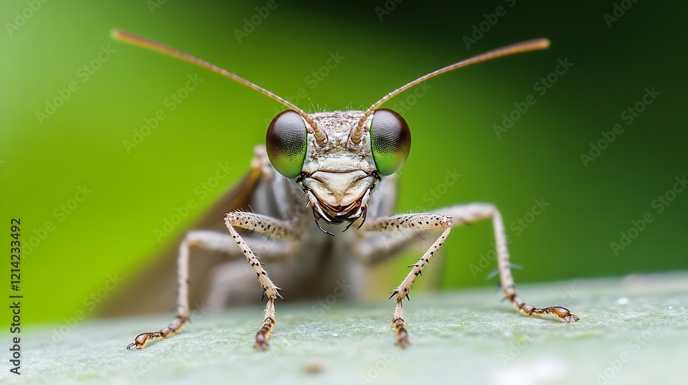 Poster focused praying mantis closeup with vibrant green background and intricate details : generative ai