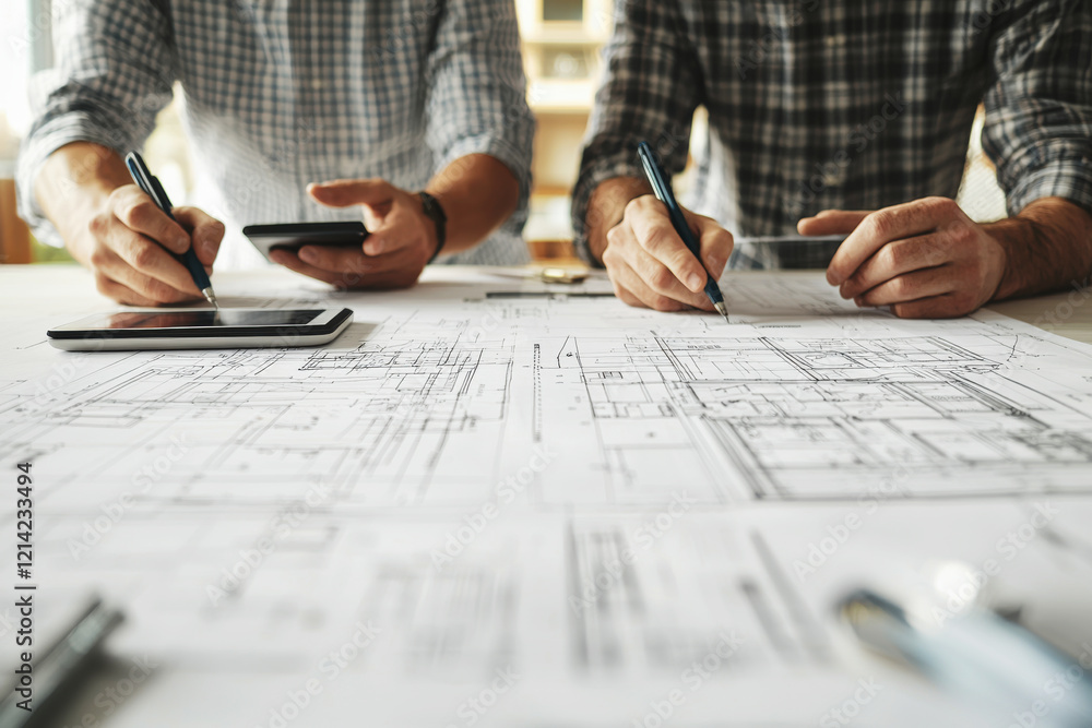 Poster collaboration between architects working on building plans in a vibrant design studio with detailed 