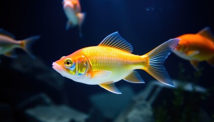 Fototapeta premium A Colorful Fish with Yellow and Orange Scales Swimming in a Dark Aquarium