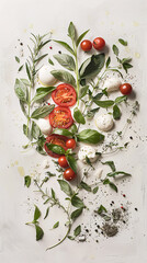 minimalist geometrical composed photo of a caprese salad on white background, top view,  locally grown tomatoes, caprese, basil, spices