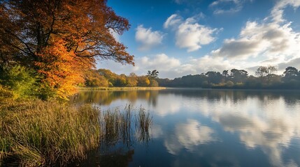 Fototapeta premium Tranquil Lakeside Scenery with Autumn Colors and Bright Blue Sky Reflected in Calm Waters : Generative AI