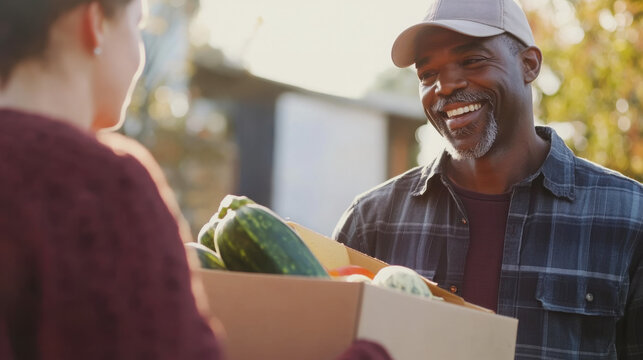 Friendly delivery person handing over fresh produce box outdoors