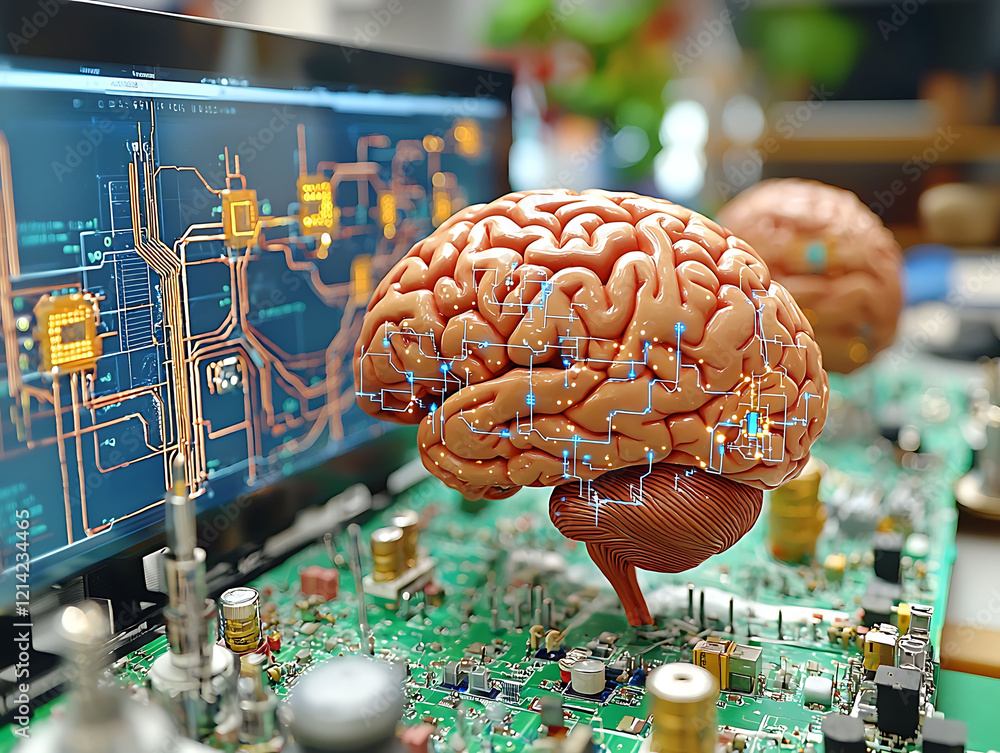 Poster stunning 3d render of a human brain superimposed with circuit board patterns, resting on a circuit b