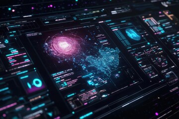 Obraz premium futuristic cybersecurity interface with holographic displays, showing network connections and data streams in neon blue and purple, floating in dark space