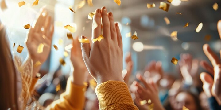 Community Manager Appreciation Day Concept. Celebration with Hands in Air and Gold Confetti