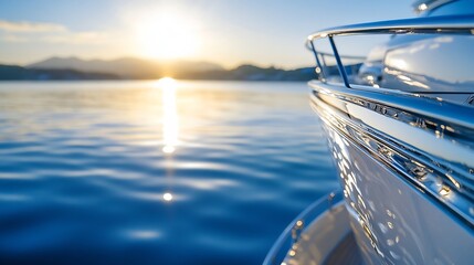 Ocean sunlight reflecting off a yacht's hull with serene open sea view : Generative AI