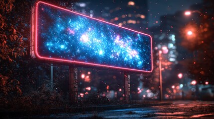 Futuristic neon sign with cosmic design on city street at night.