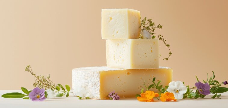Decorative blocks of cheese arranged with edible flowers and herbs, creating a visually stunning display for cheese enthusiasts