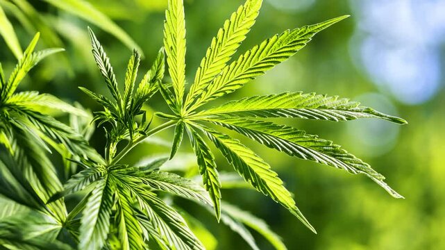 Healthy green cannabis leaves shining under natural sunlight in a vibrant outdoor setting