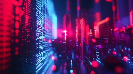 Obraz premium Abstract cityscape with digital grid overlay in vibrant red and blue light