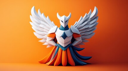 Obraz premium Colorful Paper Art Representation of a Mythical Warrior with Wings Isolated on Bright Orange Background