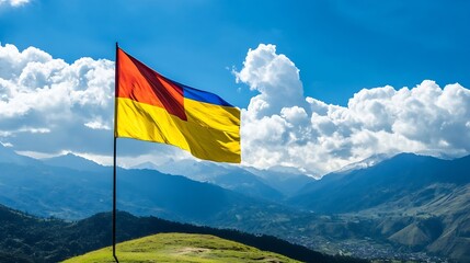Colorful Flag on Mountain Summit with Bright Clouds and Blue Sky : Generative AI