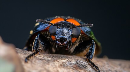 Naklejka premium CloseUp Image of a BlacklyGlistening Beetle with Bright Orange Accents Facing Forward : Generative AI