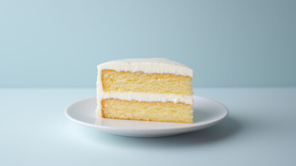 A classic slice of yellow cake, frosted with a creamy white icing. The cake's layers are perfectly even, and the icing is smooth and inviting.