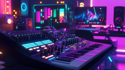 Vibrant Music Studio Equipment with Neon Lights and Electronic Music Instruments