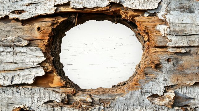 A circular hole in a rustic wooden wall, with splintered edges and a white background showing through