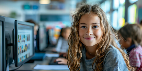 Young girl smiling while using a computer in classroom setting