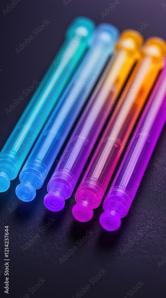 Poster Vibrant Glowing Tubes on Dark Background: Close-up View of Colorful Translucent Objects