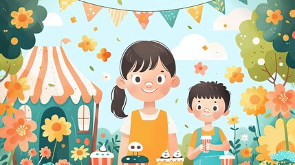 A single parent creates a DIY carnival in their backyard in this heartwarming flat design illustration