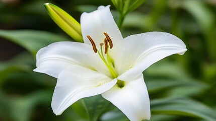Obraz premium Elegant White Lily Flower in Full Bloom with Rich Green Foliage for Garden Design and Decor : Generative AI