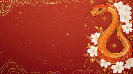 Obraz premium Golden Japanese-Themed Design for Lunar New Year Cherry Blossoms, Clouds, Snake, Red Flowers, with Text Space.