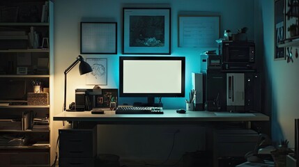 A contemporary industrial-style workspace with a clean desk, built-in storage, and minimalist decor, illuminated softly