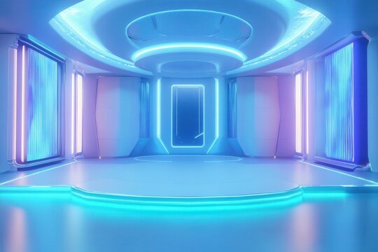 futuristic virtual studio set with floating holographic displays, geometric light patterns, and dynamic led surfaces in cool blue tones