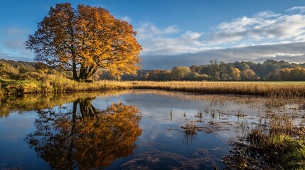 Fototapeta premium Golden Autumn Tree Reflected in a Tranquil Lake in Serene Countryside : Generative AI