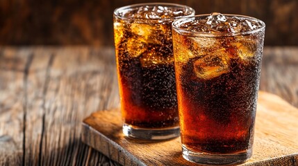 Two Refreshing Glasses of Chilled Carbonated Cola Beverage with Ice on Rustic Wooden Table : Generative AI
