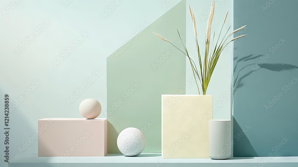 Poster a creative display of complex simplicity featuring overlapping shapes, muted colors, and minimalisti