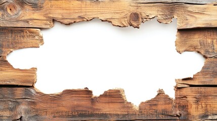 A detailed close-up of a hole in a wooden wall, the splintered edges contrasting with the white background
