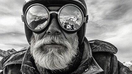 Black and white portrait of a seasoned biker with a long beard and aviator goggles reflecting a mountainous landscape.  His weathered face tells a story of adventure.  - Powered by Adobe