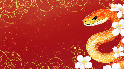 Obraz premium Golden Japanese-Themed Design for Lunar New Year Cherry Blossoms, Clouds, Snake, Red Flowers, with Text Space.