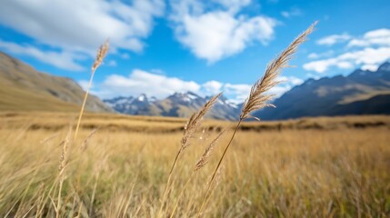 Fototapeta premium Peaceful Meadow with Tall Grasses Against a Mountain Backdrop under a Bright Blue Sky : Generative AI