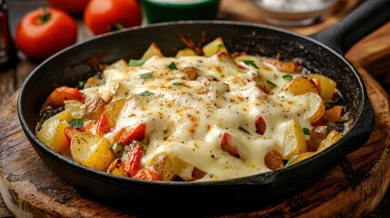 Raclette cheese melting over potatoes and vegetables, with the rich, gooey texture captured in a warm and rustic setting