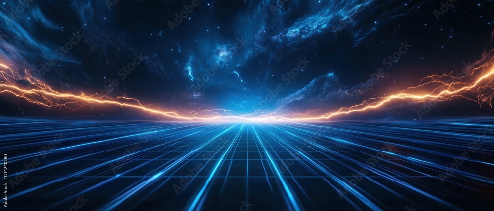 Poster futuristic neon landscape with dynamic lightning and cosmic elements in vast digital space