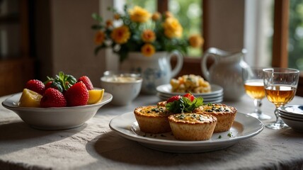 Elegant dessert table with fruit tarts and fresh berries in a classic home environment
