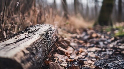 Fototapeta premium Close Up of Fallen Tree Log on a Leaf Covered Path in Autumn Forest : Generative AI