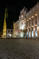 view of the old town hall in zwickau, saxony east germany at night vertical